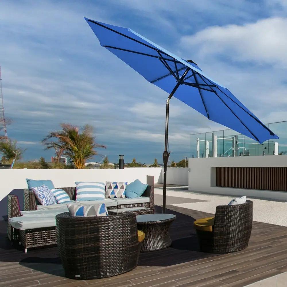 10’ Solar LED Lighted Patio Market Umbrella Shade Tilt Adjustment Crank-Blue - Blue - Outdoor Umbrellas