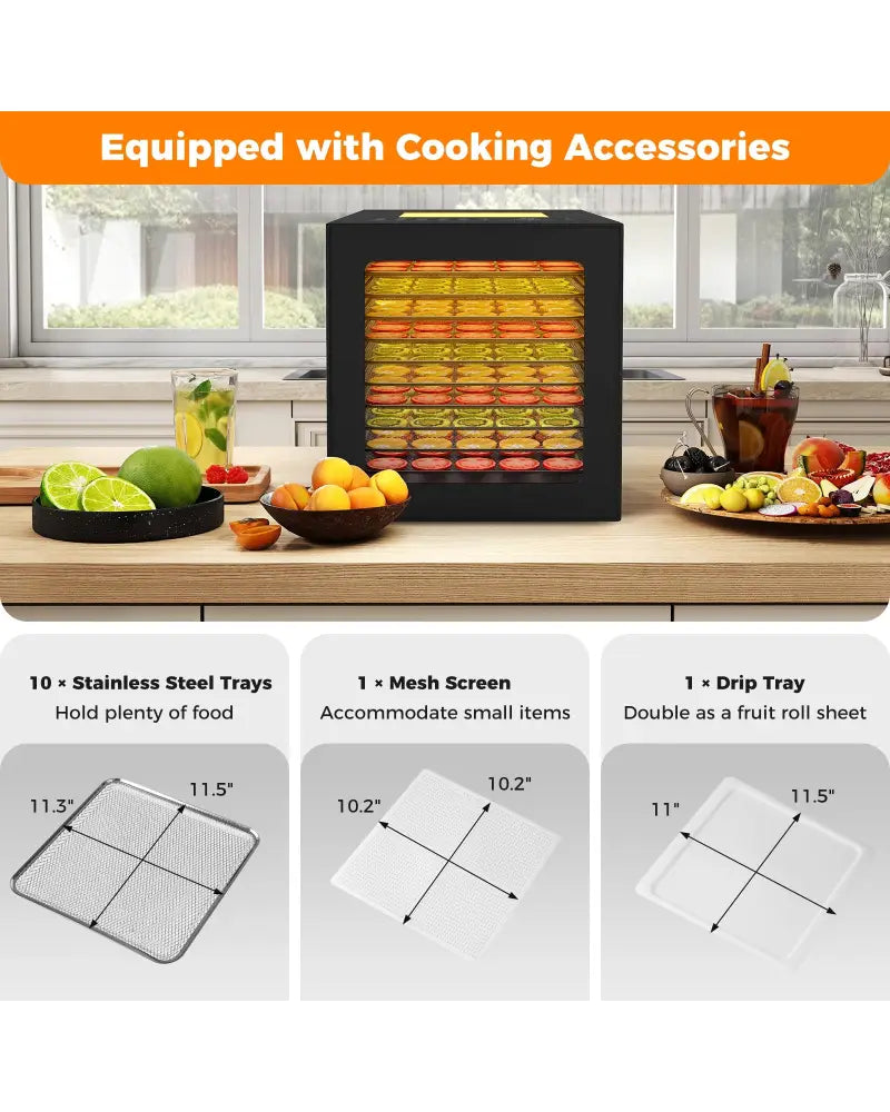 10 Stainless Steel Trays Dryer with 10 Presets-Black - Black - Food Warmers & Burners