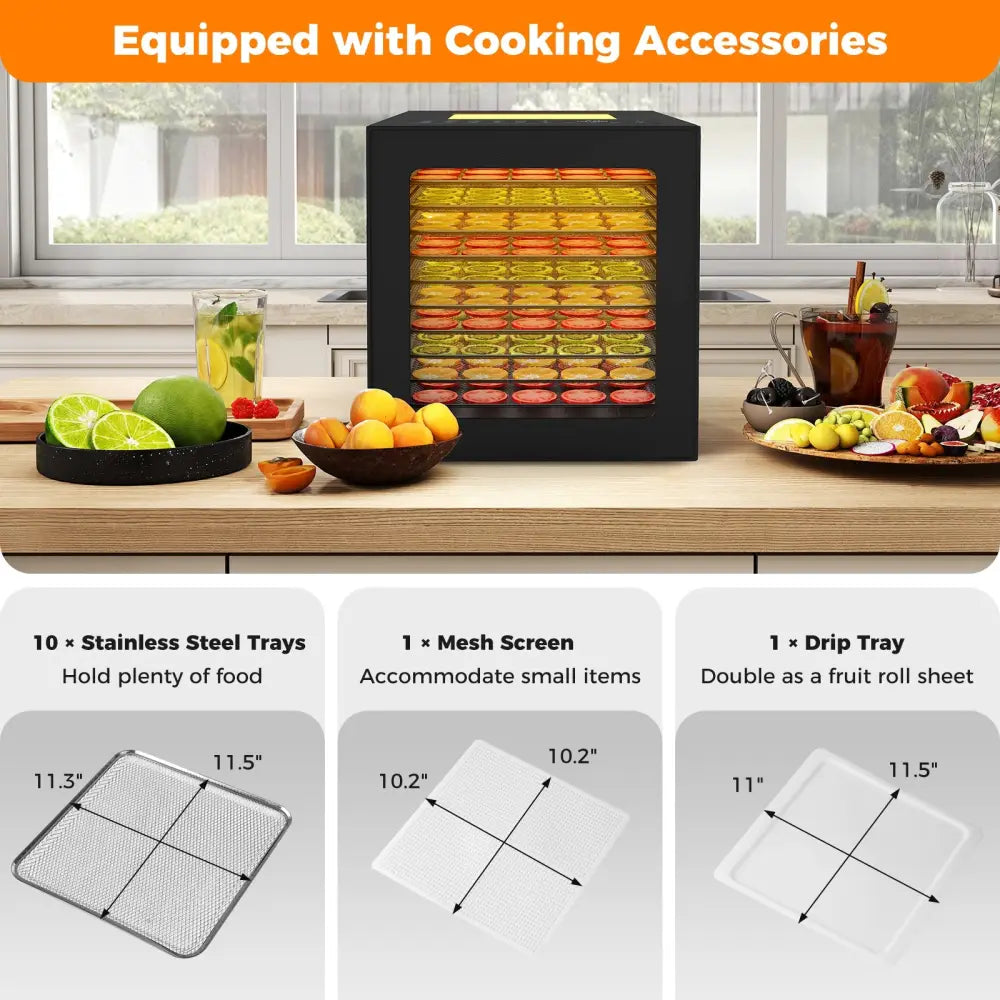 10 Stainless Steel Trays Dryer with 10 Presets-Black - Black - Food Warmers & Burners