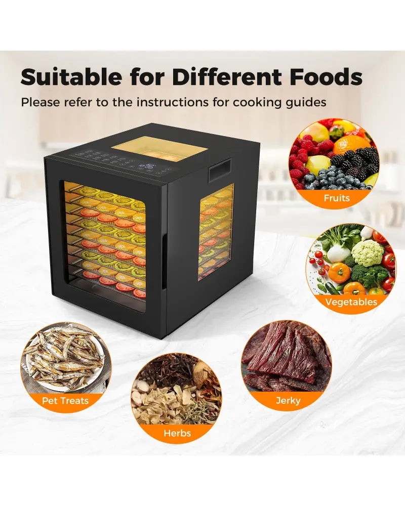 10 Stainless Steel Trays Dryer with 10 Presets-Black - Black - Food Warmers & Burners