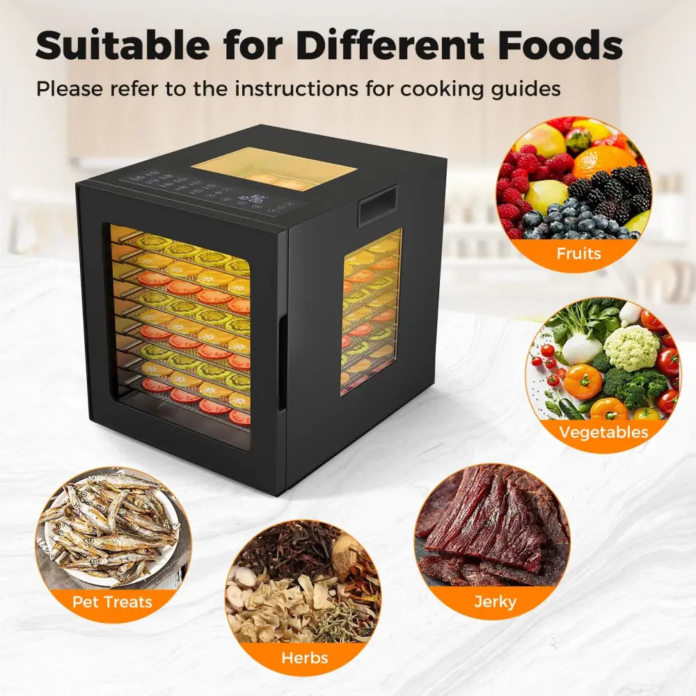 10 Stainless Steel Trays Dryer with 10 Presets-Black - Black - Food Warmers & Burners