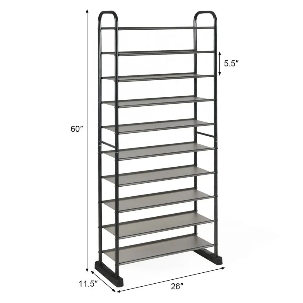 10-Tier Free-Standing Metal Frame Shoe Rack - Black - Shoe Racks & Storage Benches