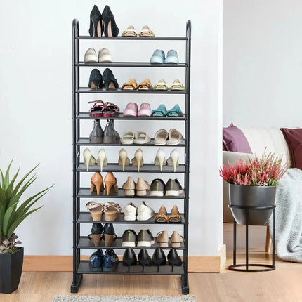 10-Tier Free-Standing Metal Frame Shoe Rack - Black - Shoe Racks & Storage Benches