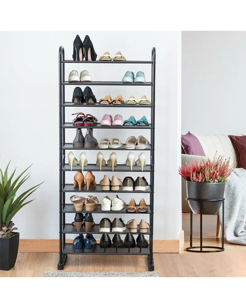 10-Tier Free-Standing Metal Frame Shoe Rack - Black - Shoe Racks & Storage Benches