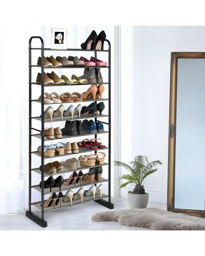 10-Tier Free-Standing Metal Frame Shoe Rack - Black - Shoe Racks & Storage Benches