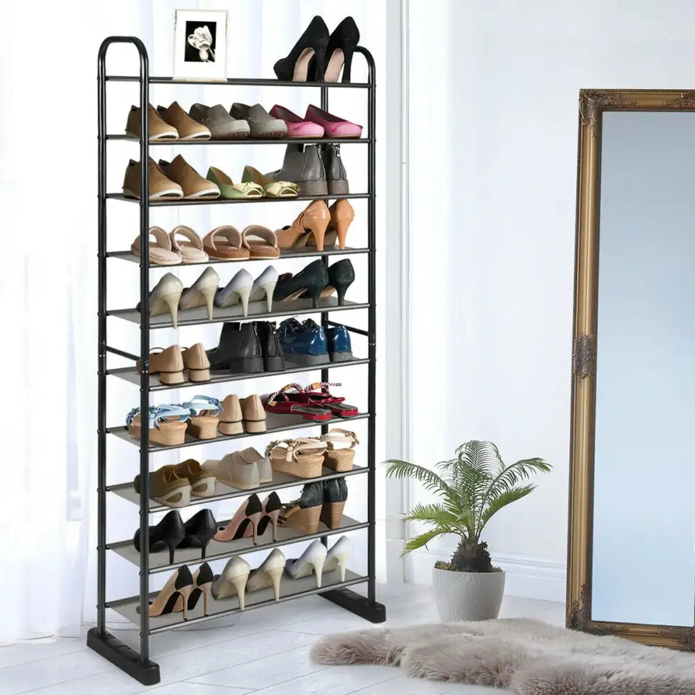 10-Tier Free-Standing Metal Frame Shoe Rack - Black - Shoe Racks & Storage Benches