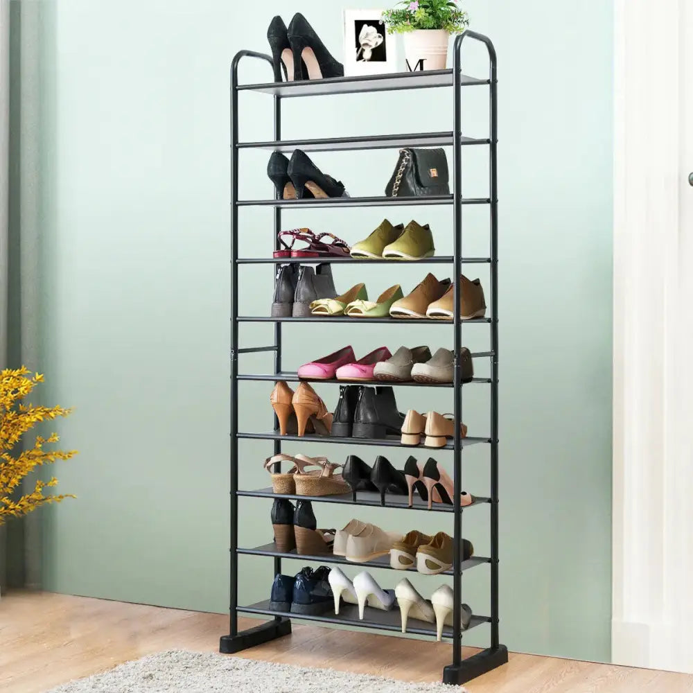 10-Tier Free-Standing Metal Frame Shoe Rack - Black - Shoe Racks & Storage Benches