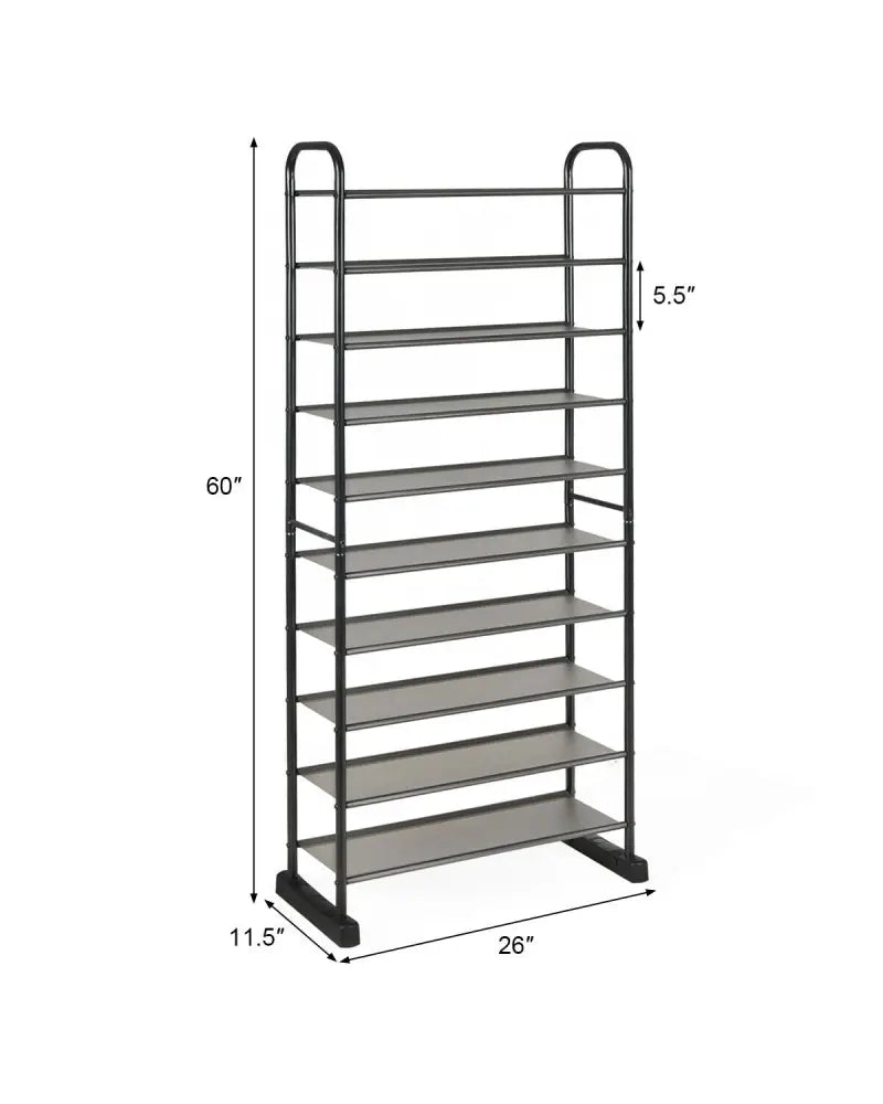 10-Tier Free-Standing Metal Frame Shoe Rack - Black - Shoe Racks & Storage Benches