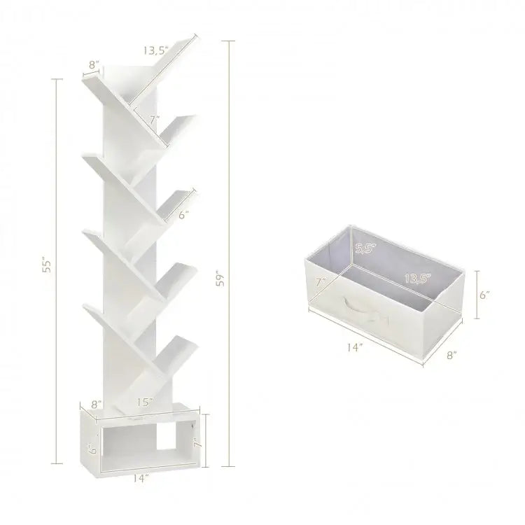 10-Tier Tree Bookshelf with Drawer Free-standing Storage Bookcase-White - White - Bookcases