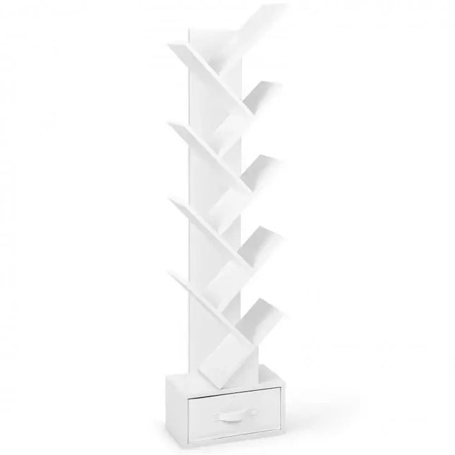 10-Tier Tree Bookshelf with Drawer Free-standing Storage Bookcase-White - White - Bookcases