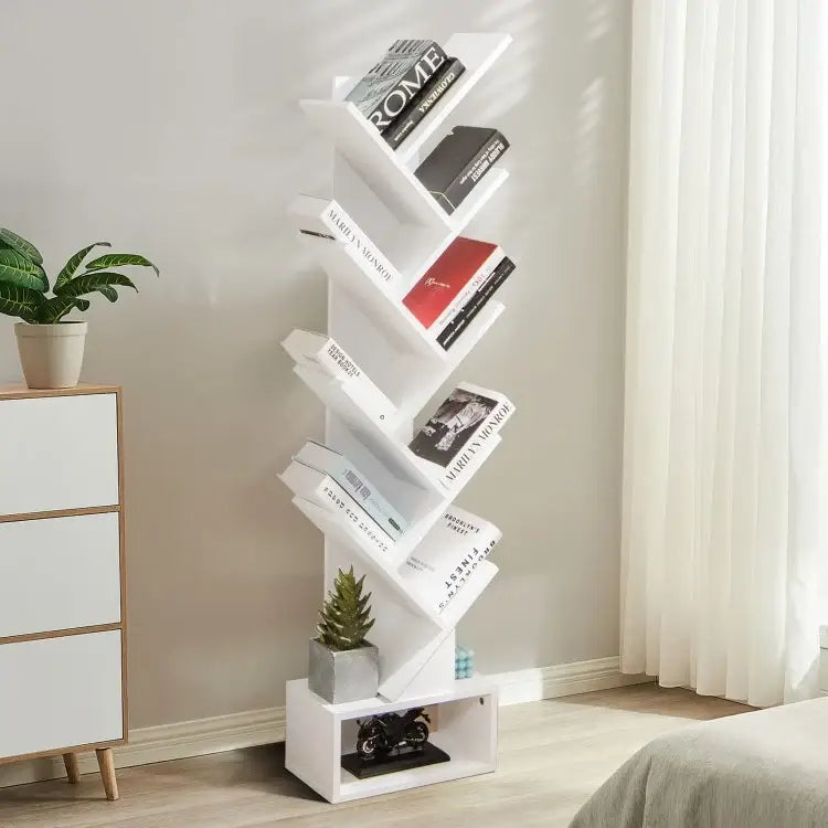 10-Tier Tree Bookshelf with Drawer Free-standing Storage Bookcase-White - White - Bookcases