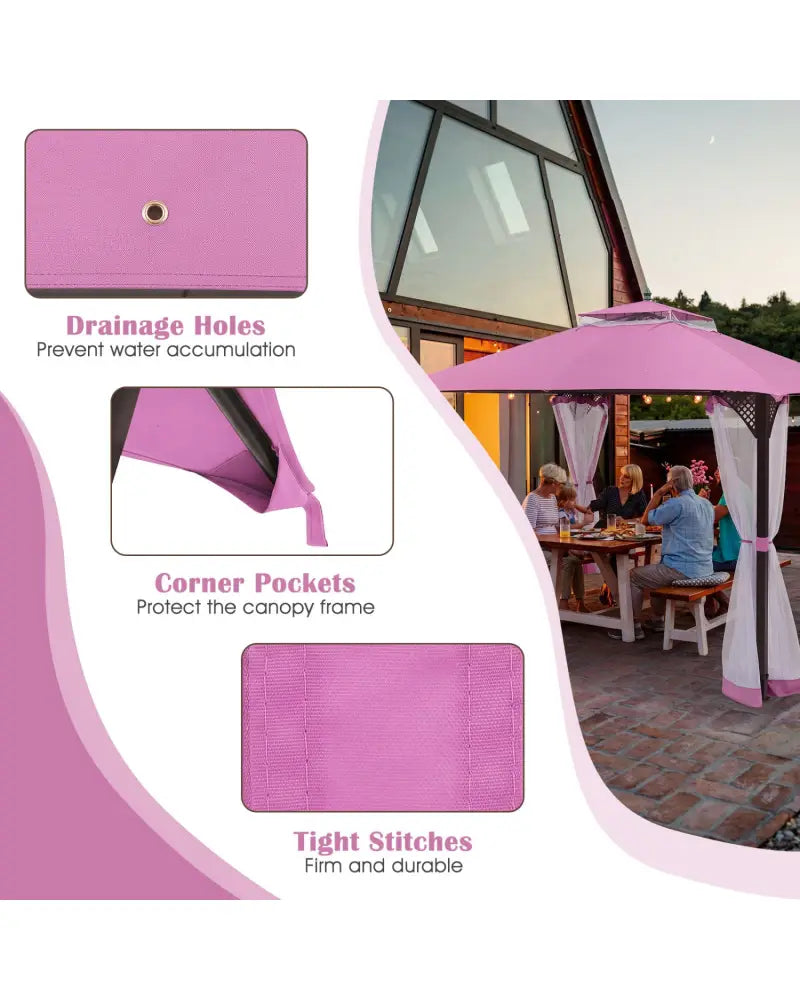 10 x 12 Feet Gazebo Replacement Top with Air Vent and Drainage Holes-Pink - Pink - Gazebos