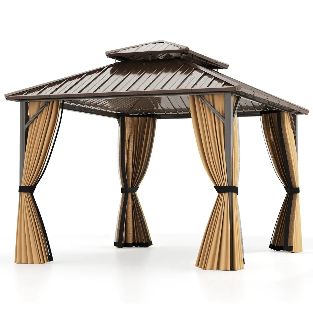 10 x 12 Feet Hardtop Gazebo with Netting and Curtain and Double-Roof Galvanized Metal Top - Coffee - Gazebos