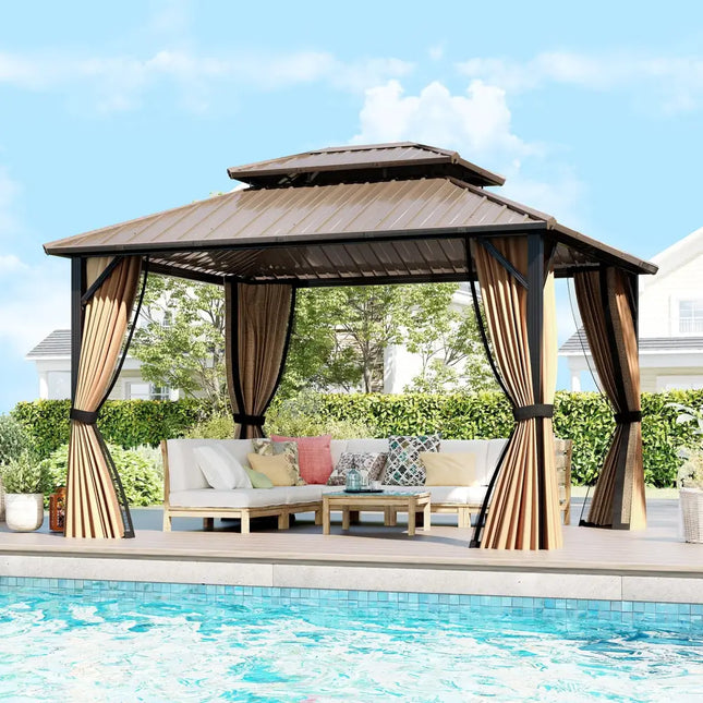 10 x 12 Feet Hardtop Gazebo with Netting and Curtain and Double-Roof Galvanized Metal Top - Coffee - Gazebos