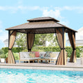 10 x 12 Feet Hardtop Gazebo with Netting and Curtain and Double-Roof Galvanized Metal Top - Coffee - Gazebos