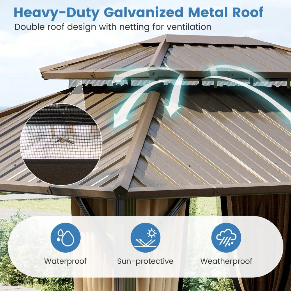 10 x 12 Feet Hardtop Gazebo with Netting and Curtain and Double-Roof Galvanized Metal Top - Coffee - Gazebos