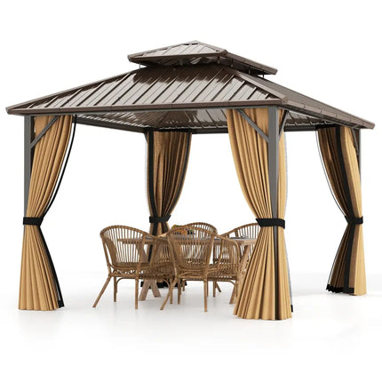 10 x 12 Feet Hardtop Gazebo with Netting and Curtain and Double-Roof Galvanized Metal Top - Coffee - Gazebos