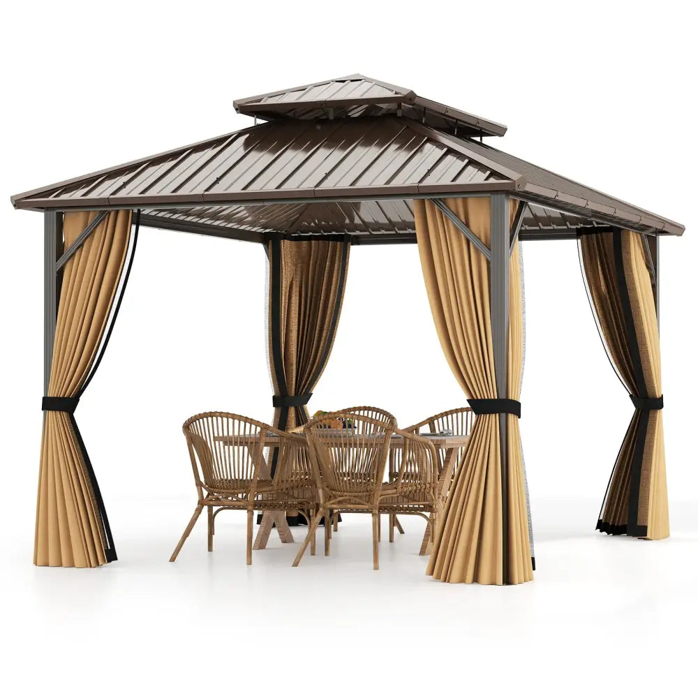 10 x 12 Feet Hardtop Gazebo with Netting and Curtain and Double-Roof Galvanized Metal Top - Coffee - Gazebos