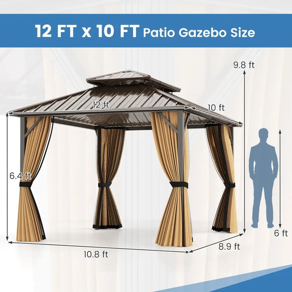 10 x 12 Feet Hardtop Gazebo with Netting and Curtain and Double-Roof Galvanized Metal Top - Coffee - Gazebos