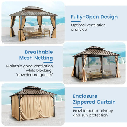 10 x 12 Feet Hardtop Gazebo with Netting and Curtain and Double-Roof Galvanized Metal Top - Coffee - Gazebos
