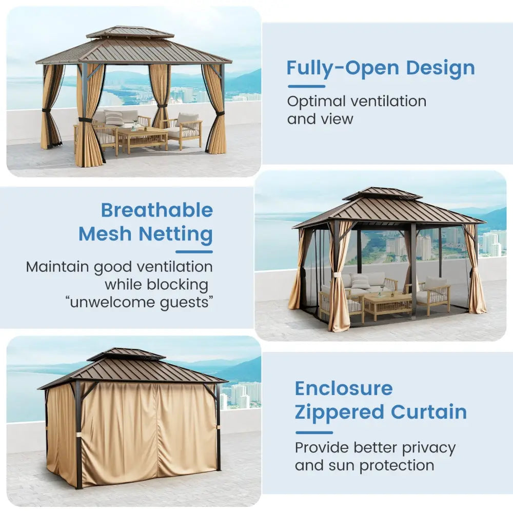 10 x 12 Feet Hardtop Gazebo with Netting and Curtain and Double-Roof Galvanized Metal Top - Coffee - Gazebos
