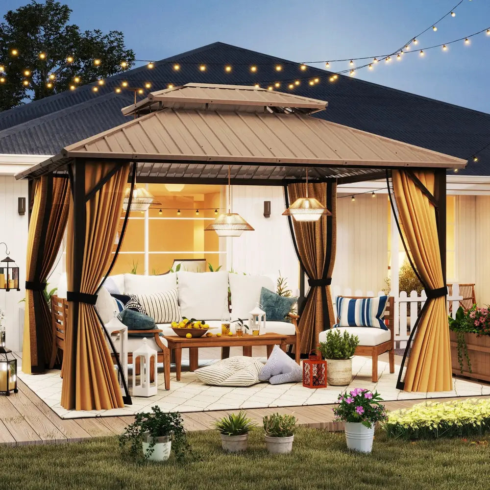 10 x 12 Feet Hardtop Gazebo with Netting and Curtain and Double-Roof Galvanized Metal Top - Coffee - Gazebos