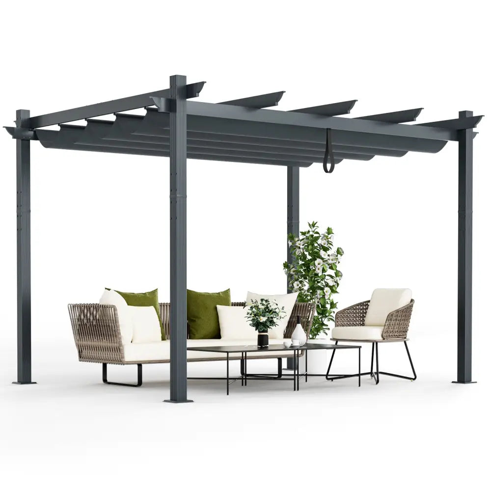 10 x 12 Feet Outdoor Aluminum Retractable Pergola Canopy Shelter Grape Trellis-Gray - Gray - Gazebos