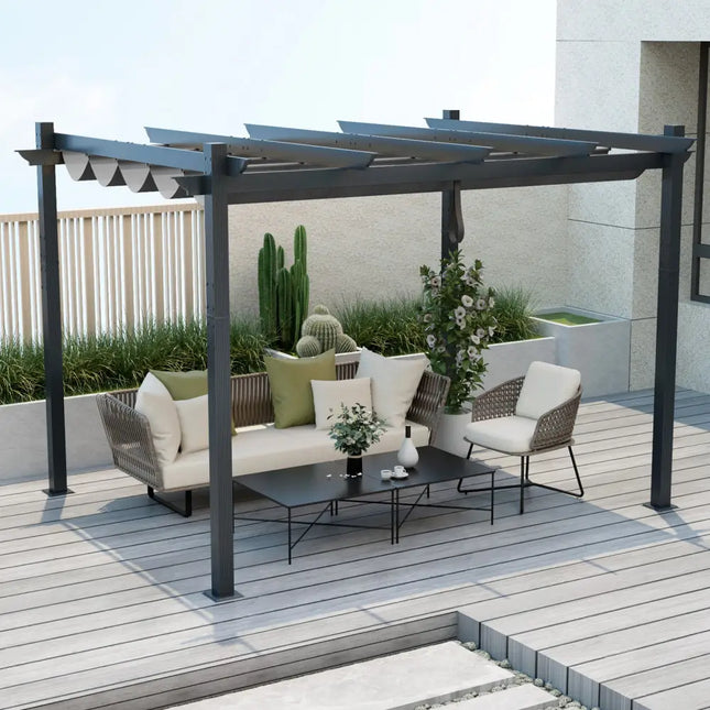 10 x 12 Feet Outdoor Aluminum Retractable Pergola Canopy Shelter Grape Trellis-Gray - Gray - Gazebos