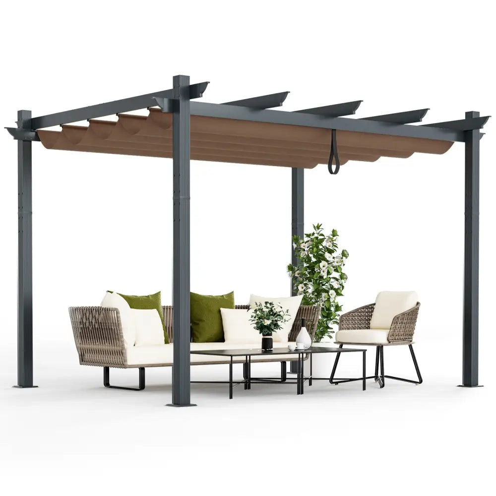 10 x 12 Feet Outdoor Aluminum Retractable Pergola Canopy Shelter Grape Trellis-Coffee - Coffee - Gazebos