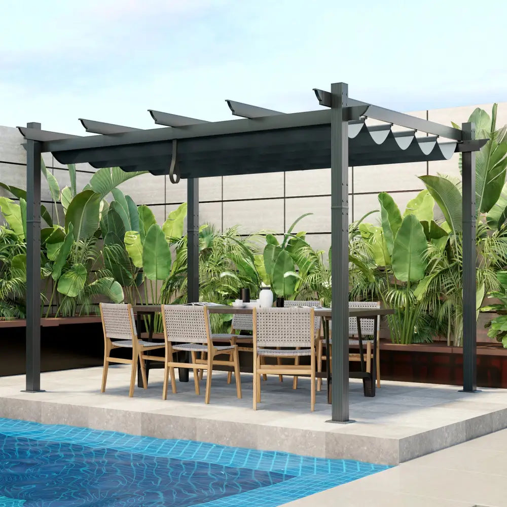 10 x 12 Feet Outdoor Aluminum Retractable Pergola Canopy Shelter Grape Trellis-Gray - Gray - Gazebos