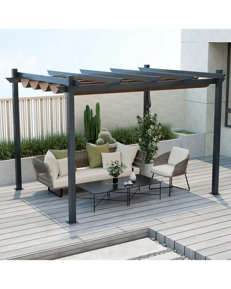 10 x 12 Feet Outdoor Aluminum Retractable Pergola Canopy Shelter Grape Trellis-Coffee - Coffee - Gazebos
