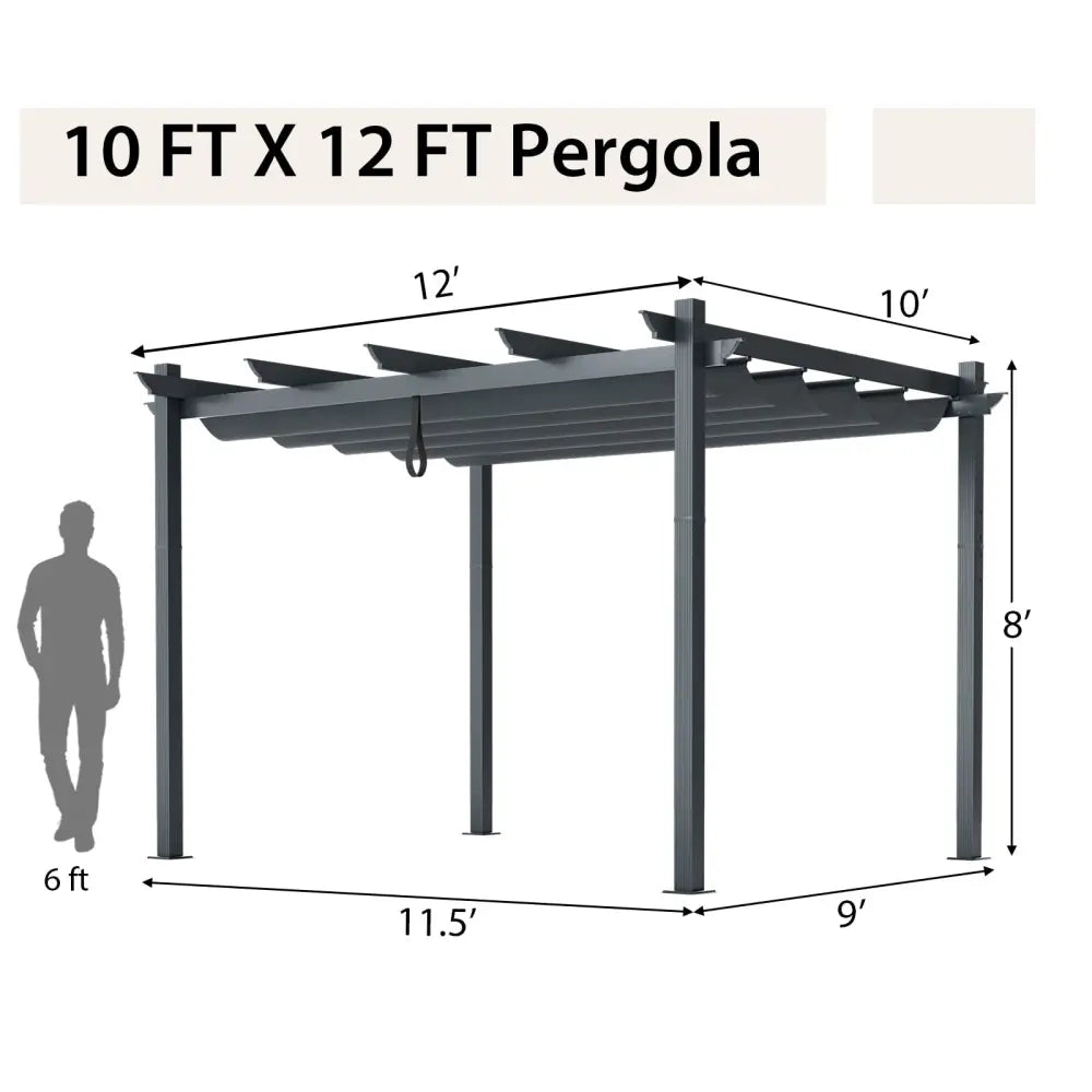 10 x 12 Feet Outdoor Aluminum Retractable Pergola Canopy Shelter Grape Trellis-Gray - Gray - Gazebos