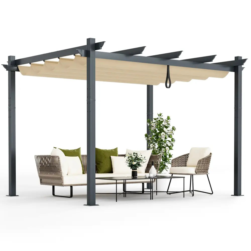 10 x 12 Feet Outdoor Aluminum Retractable Pergola Canopy Shelter Grape Trellis-Beige - Beige - Gazebos