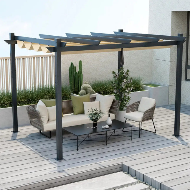10 x 12 Feet Outdoor Aluminum Retractable Pergola Canopy Shelter Grape Trellis-Beige - Beige - Gazebos