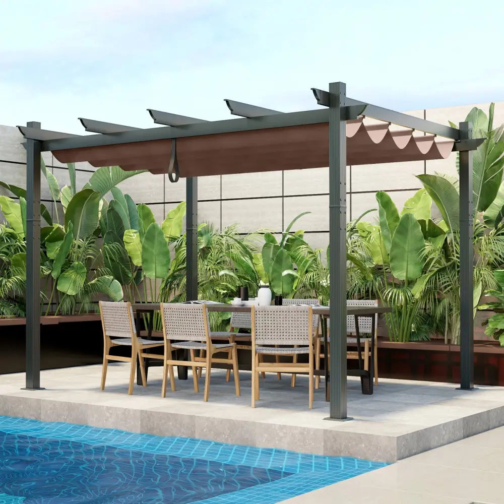 10 x 12 Feet Outdoor Aluminum Retractable Pergola Canopy Shelter Grape Trellis-Coffee - Coffee - Gazebos