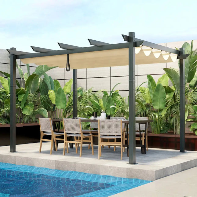 10 x 12 Feet Outdoor Aluminum Retractable Pergola Canopy Shelter Grape Trellis-Beige - Beige - Gazebos
