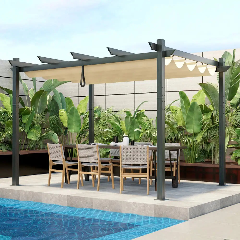 10 x 12 Feet Outdoor Aluminum Retractable Pergola Canopy Shelter Grape Trellis-Beige - Beige - Gazebos