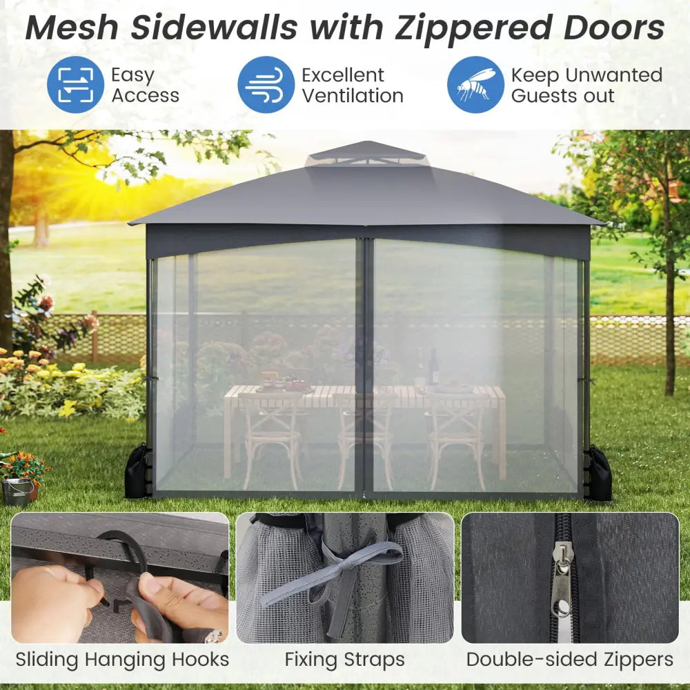 10 X 12 FT Patio Gazebo with Netting Walls with 4 Sandbags-Gray - Gray - Gazebos