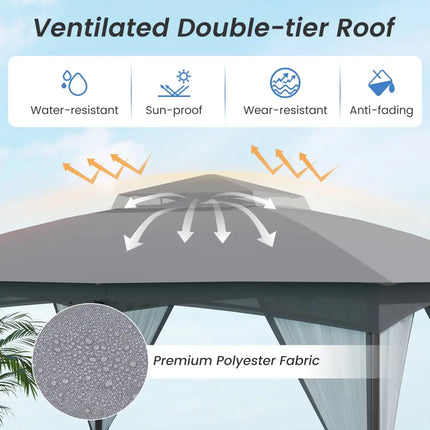 10 X 12 FT Patio Gazebo with Netting Walls with 4 Sandbags-Gray - Gray - Gazebos