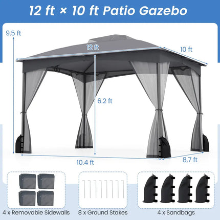 10 X 12 FT Patio Gazebo with Netting Walls with 4 Sandbags-Gray - Gray - Gazebos