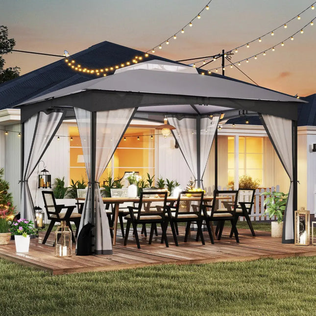 10 X 12 FT Patio Gazebo with Netting Walls with 4 Sandbags-Gray - Gray - Gazebos