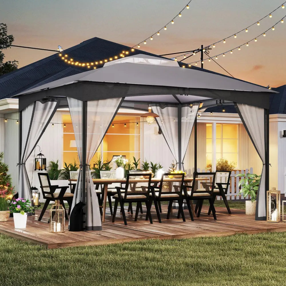 10 X 12 FT Patio Gazebo with Netting Walls with 4 Sandbags-Gray - Gray - Gazebos