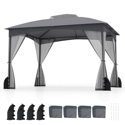 10 X 12 FT Patio Gazebo with Netting Walls with 4 Sandbags-Gray - Gray - Gazebos