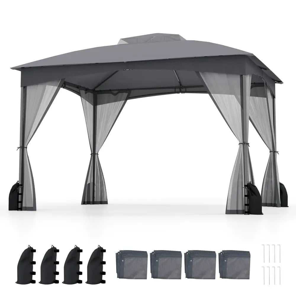 10 X 12 FT Patio Gazebo with Netting Walls with 4 Sandbags-Gray - Gray - Gazebos
