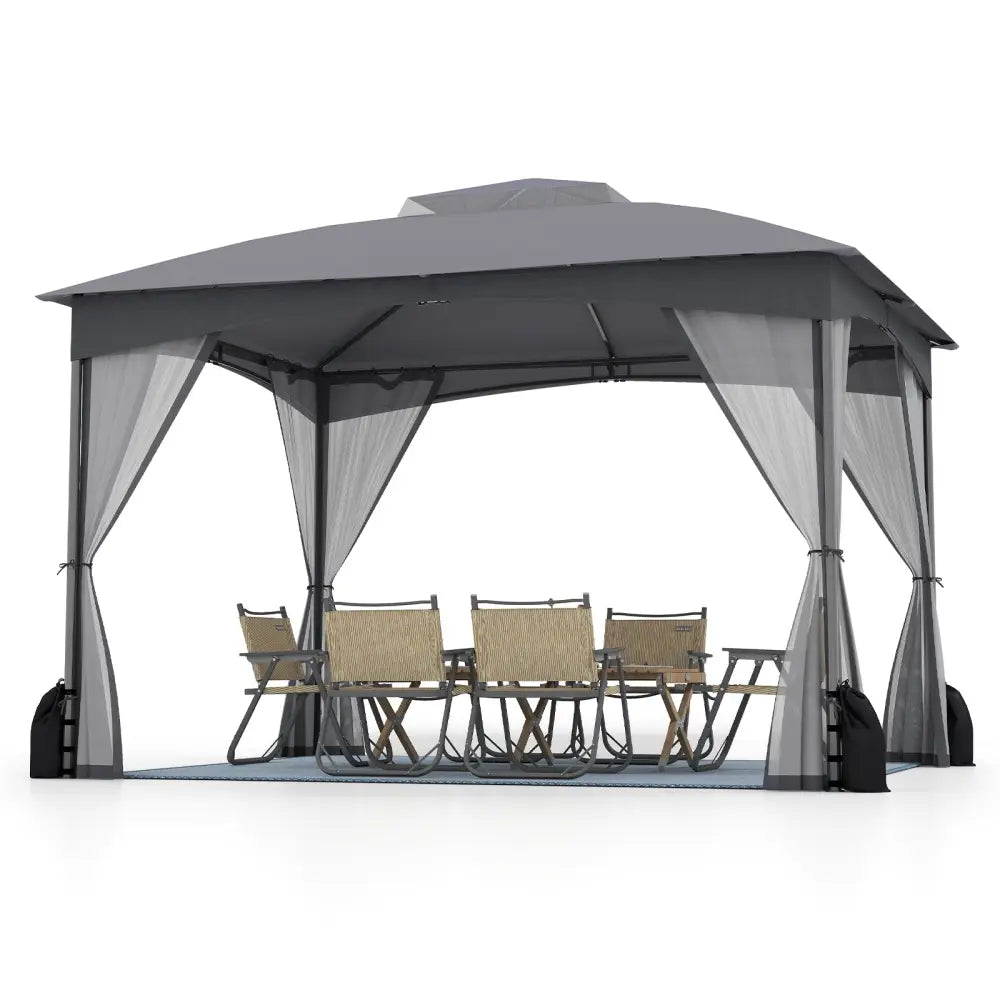 10 X 12 FT Patio Gazebo with Netting Walls with 4 Sandbags-Gray - Gray - Gazebos