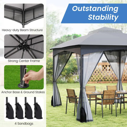 10 X 12 FT Patio Gazebo with Netting Walls with 4 Sandbags-Gray - Gray - Gazebos