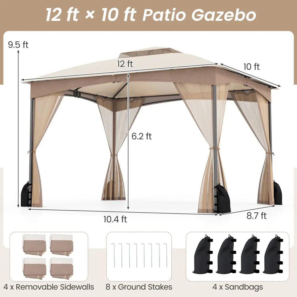 10 X 12 FT Patio Gazebo with Netting Walls with 4 Sandbags-Khaki - Khaki - Gazebos