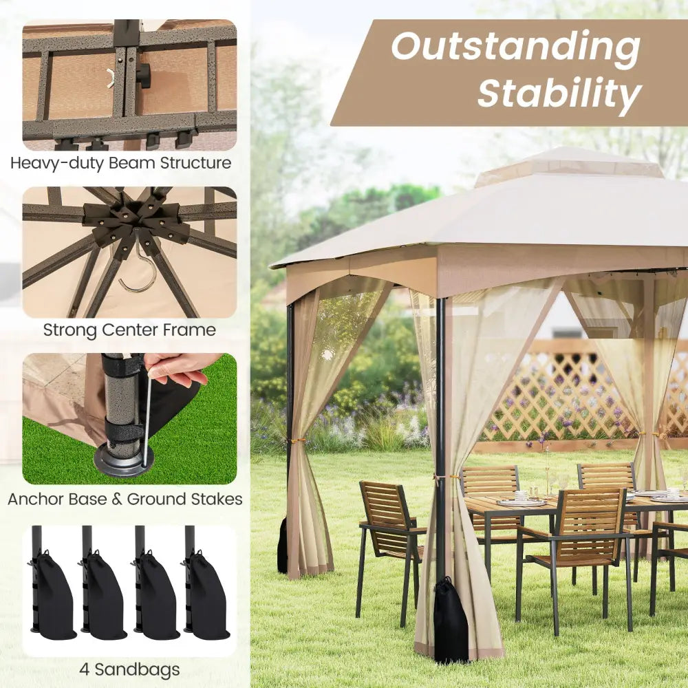 10 X 12 FT Patio Gazebo with Netting Walls with 4 Sandbags-Khaki - Khaki - Gazebos