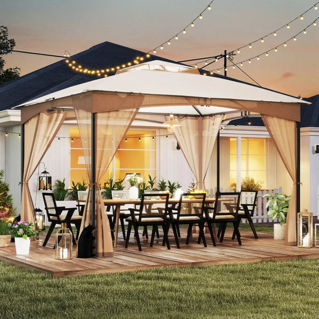 10 X 12 FT Patio Gazebo with Netting Walls with 4 Sandbags-Khaki - Khaki - Gazebos