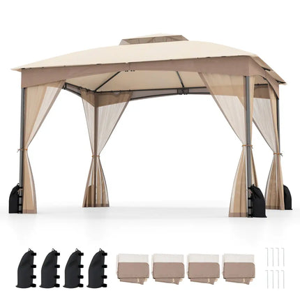 10 X 12 FT Patio Gazebo with Netting Walls with 4 Sandbags-Khaki - Khaki - Gazebos